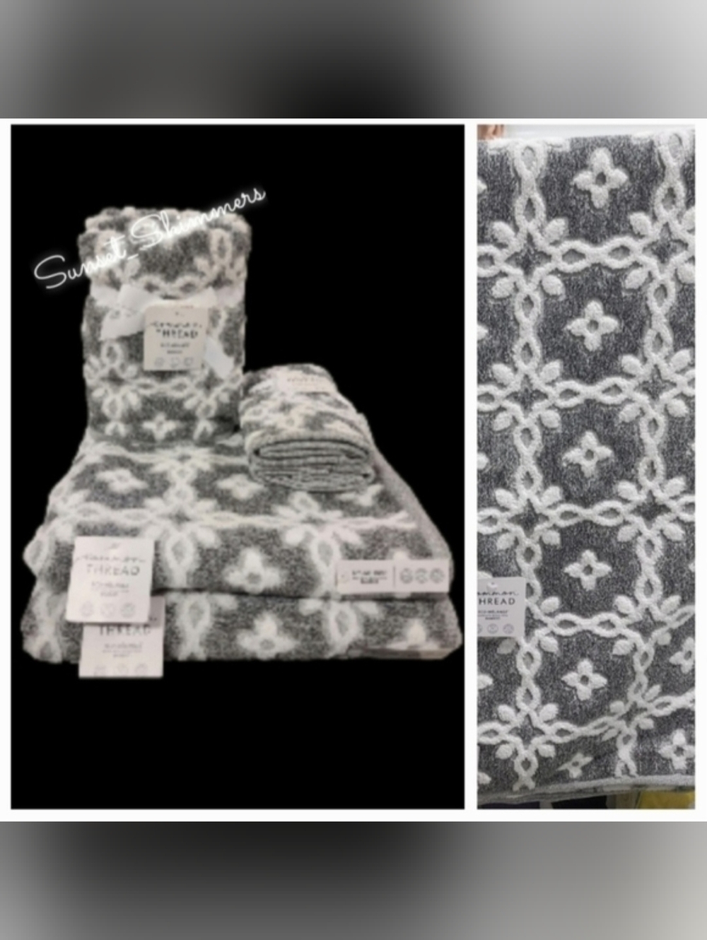 6pc Common Thread Plush Bath Hand Tip Towel Set Gray White Damask Zero Twist New